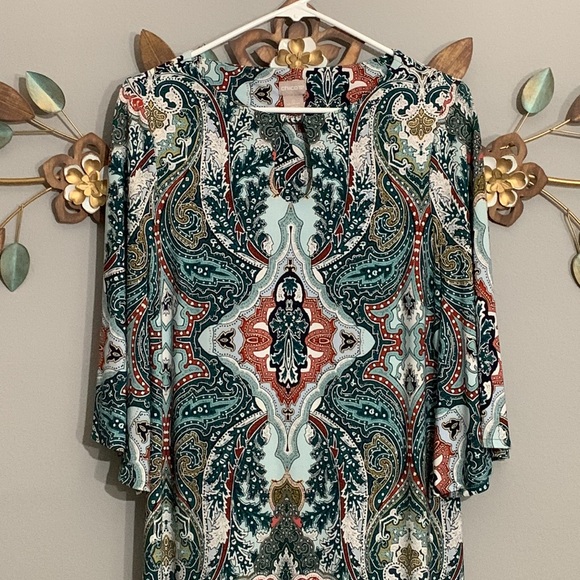 Chico's Green White Paisley Print Shift Dress Size 0 Small - Picture 2 of 8